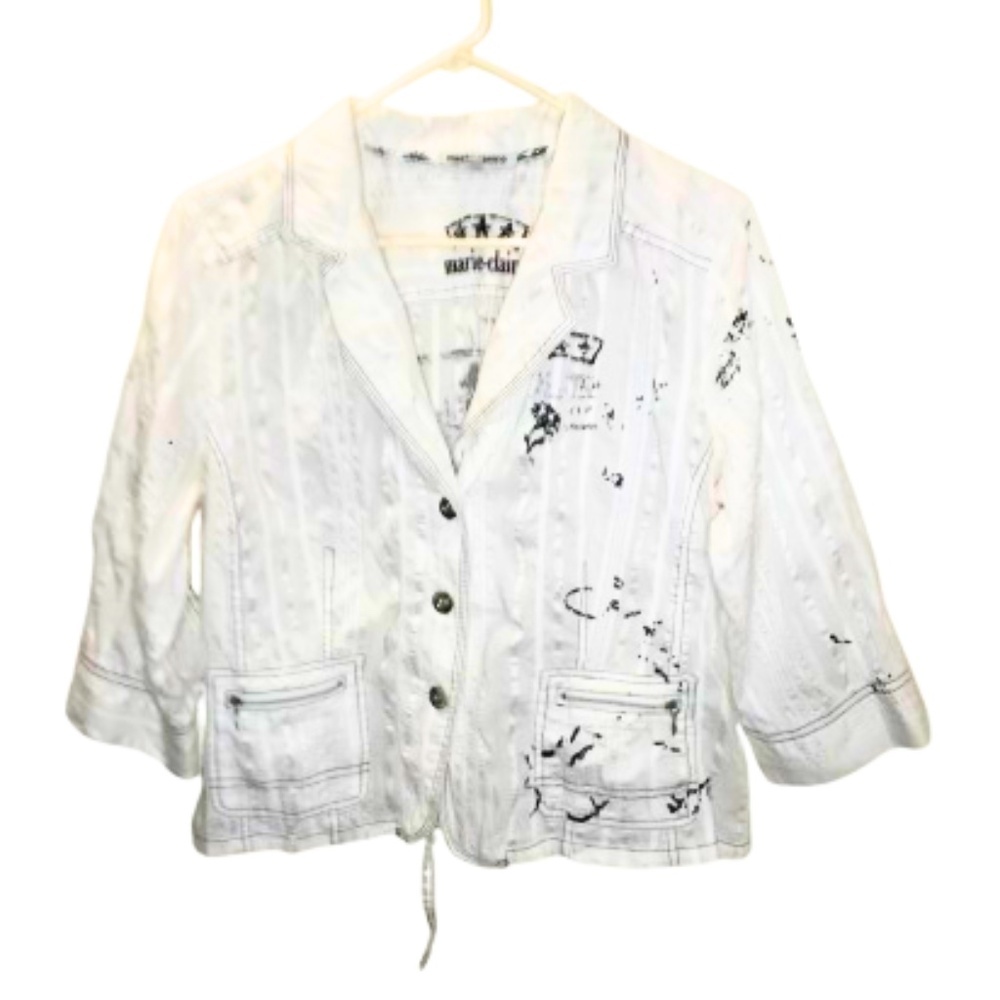 Marie Claire White Lightweight Blazer/Jacket Artistic Print Women’s M/L